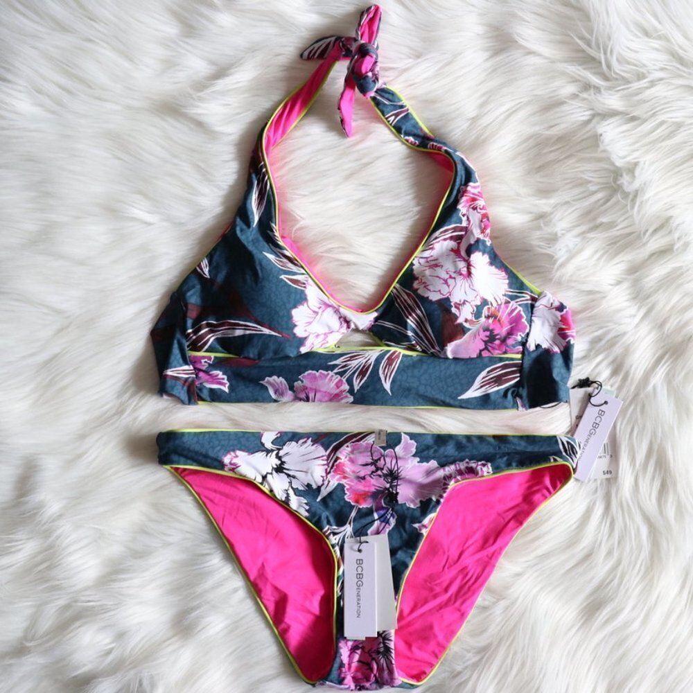 NEW BCBGeneration Blue Pink Floral Reversible Bikini Size XXS